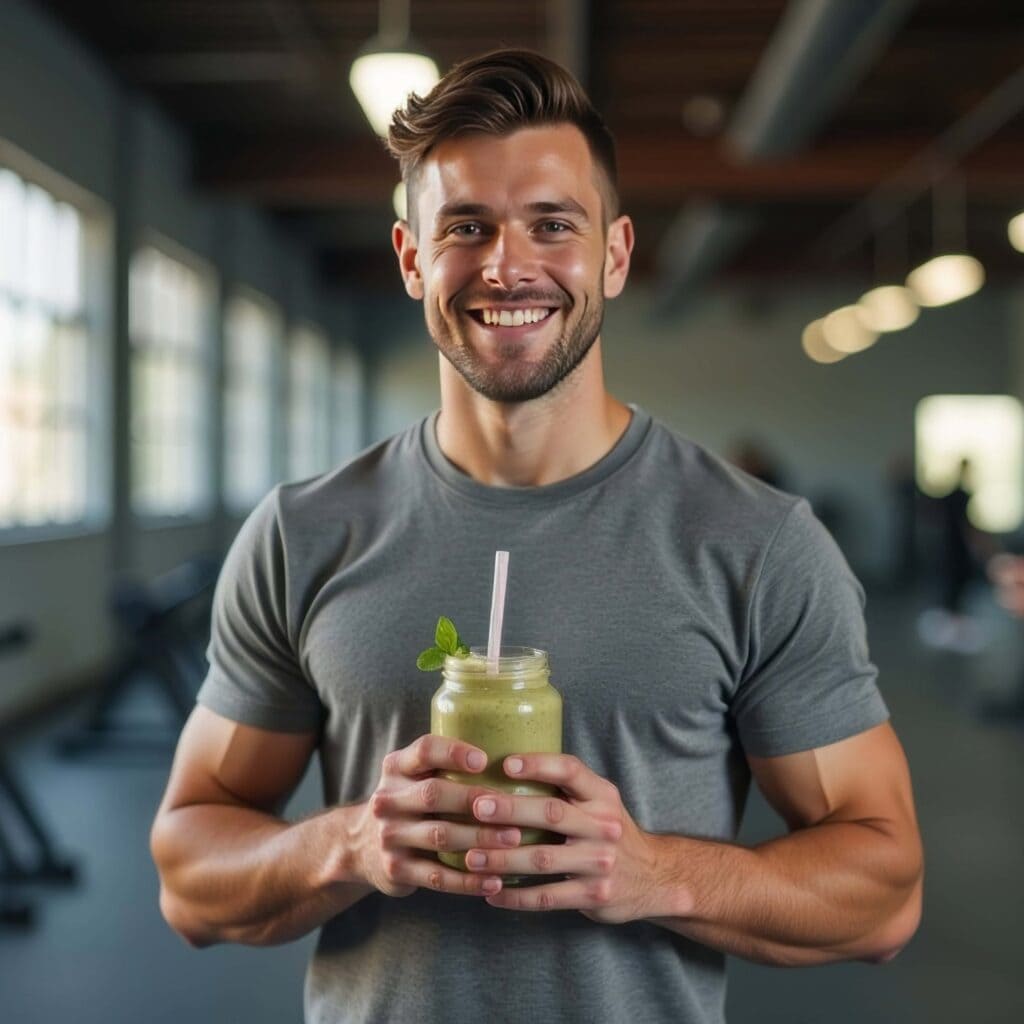 Junger Mann lächelt mit einem grünen Smoothie in der Hand in einem Fitnessstudio während einer Trainingseinheit mit anderen in der Nähe